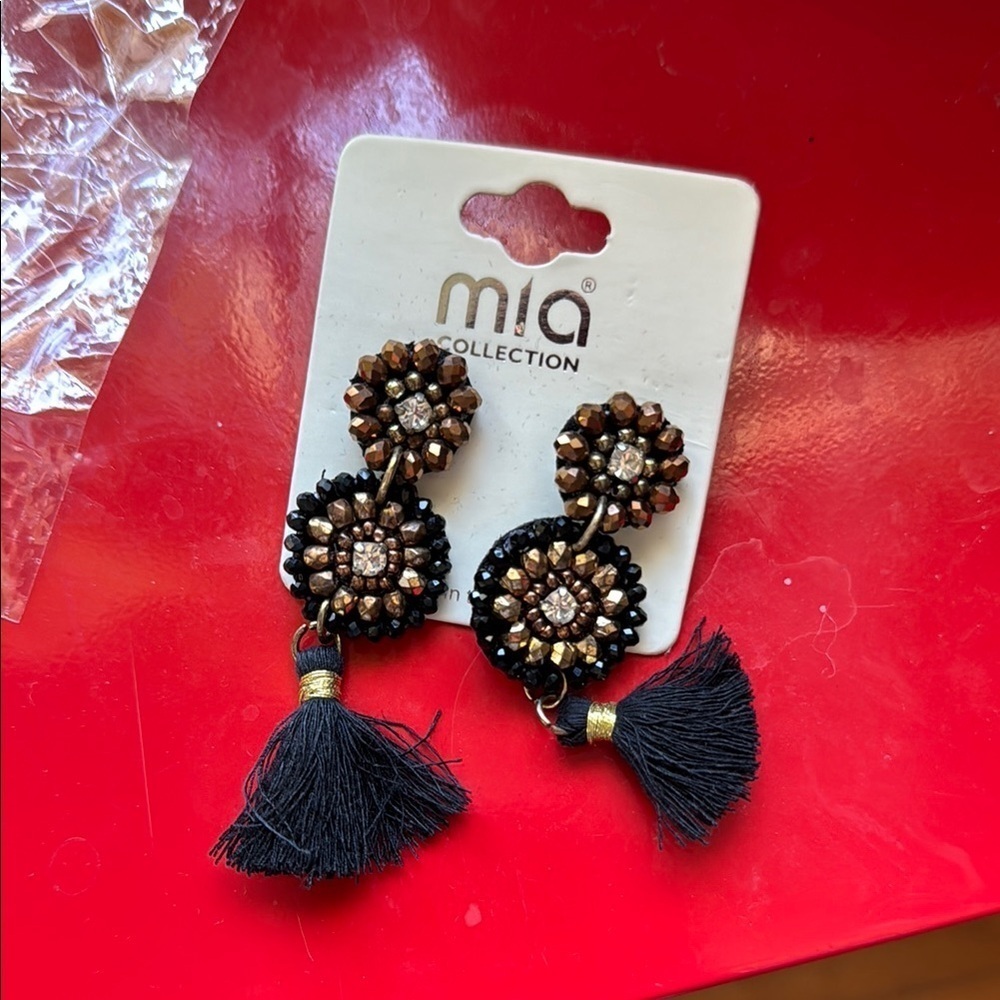 Mia Collection Black Amber Beaded Tassel Earrings Boho Fringe